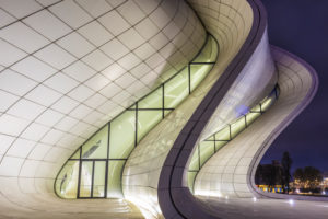 Azerbaijan, Baku, Heydar Aliyev Cultural Center, building designed by Zaha Hadid, exterior, dusk Azerbaijan, Baku, Heydar Aliyev Cultural Center, building designed by Zaha Hadid, exterior, dusk